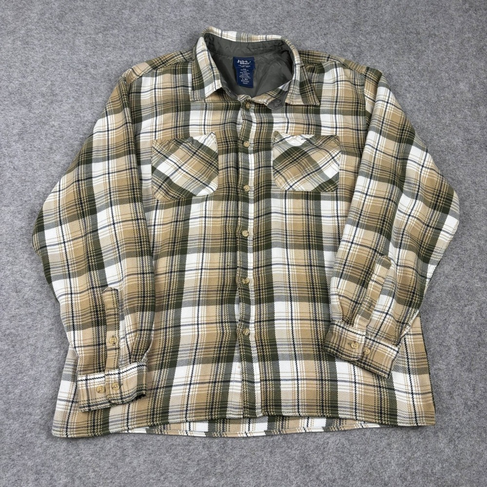 John Blair Plaid Flannel Shirt Mens L Green Brown Lined‎ Button Up Old Money